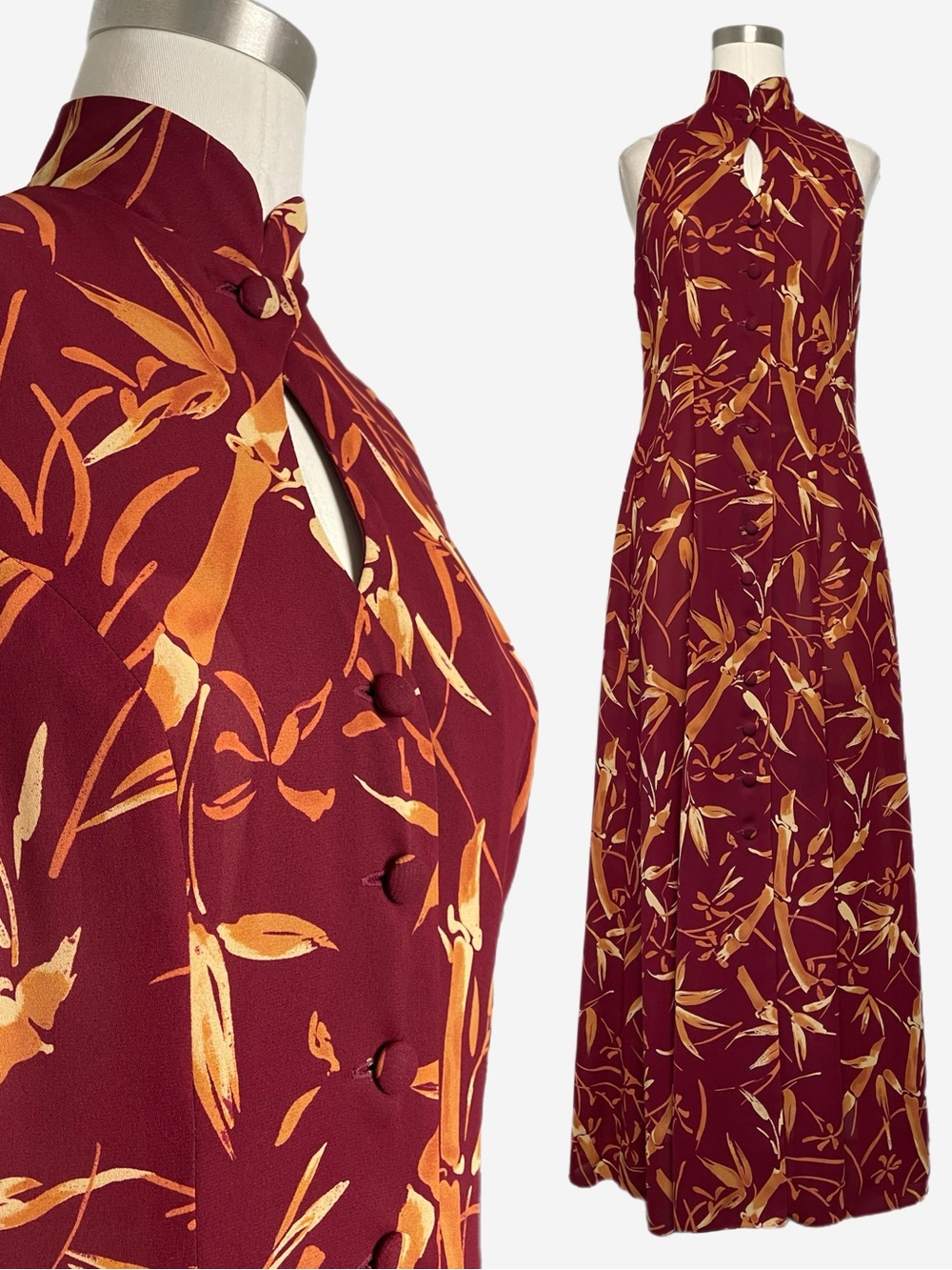 Vintage David Warren burgundy button front bamboo print cheongsam maxi dress S